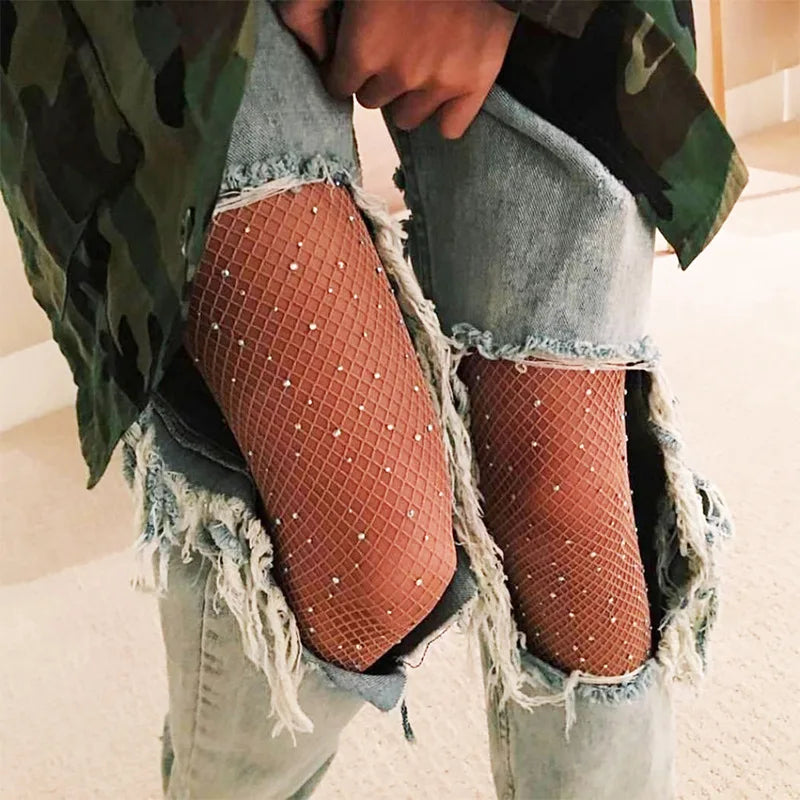 Sexy Women's Rhinestone Fishnet Pantyhose Glittering Tights Slim Party Socks Women Fashion Black Hollow Thigh High