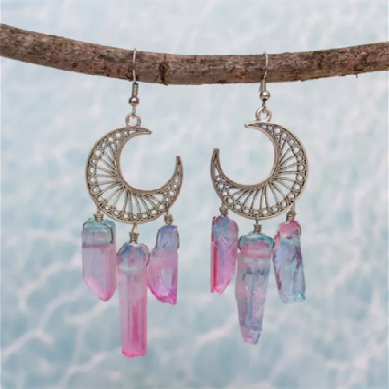 Rainbow Quartz Stone Crescent Moon Earring Wicca Healing Crystal