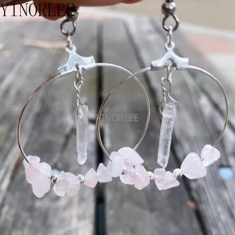 Rose Quartz and Clear Crystal Hoop Bohemia Earrings