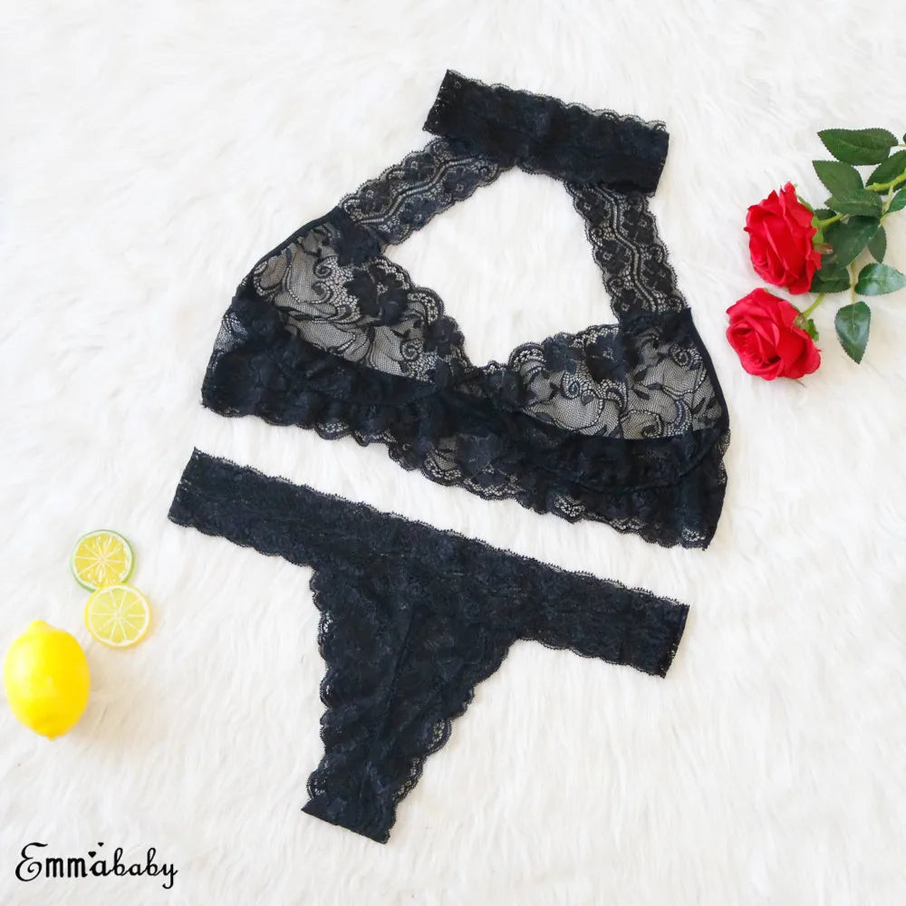 Plus Size Women Sissy Black Lingerie lace Bra Set Bralette Lace Halter Hollow Bra top & thong