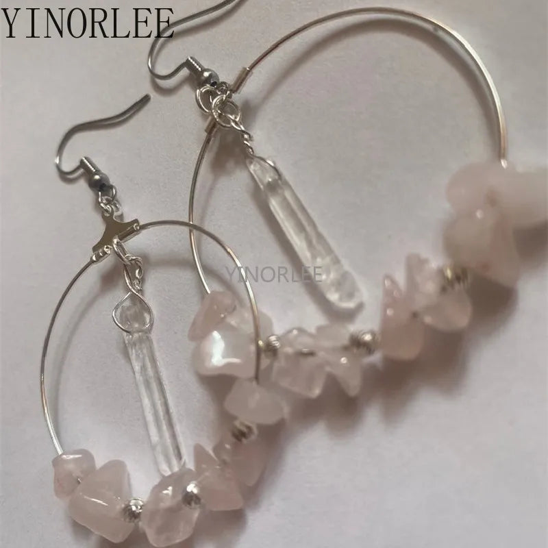 Rose Quartz and Clear Crystal Hoop Bohemia Earrings