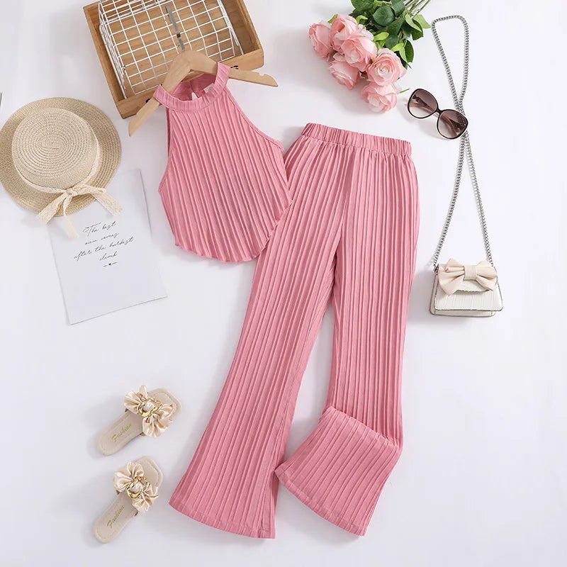 New Pink Sleeveless Top + Pink Pants Two Piece Set