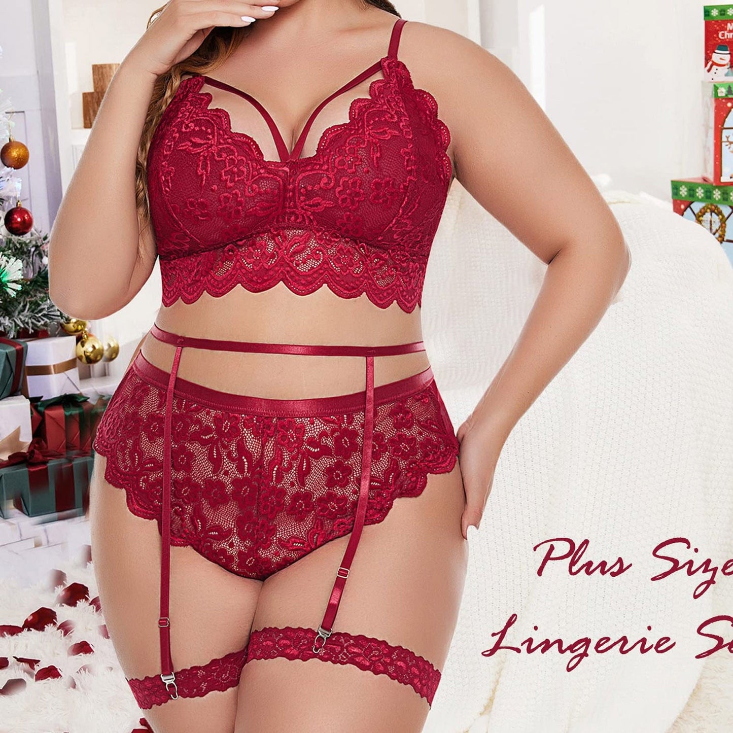 Plus Size Women Lingerie Set Floral Lace Bra Hollow Out Thong