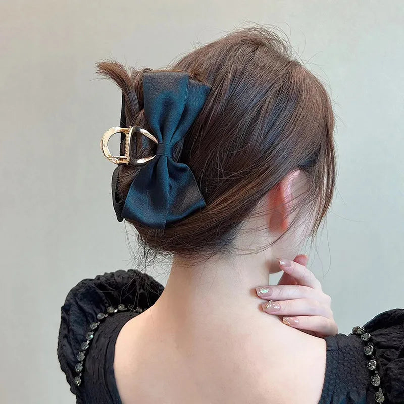 Satin Bow Women Hair Claw Clamps Gold/black Color Metal Hair