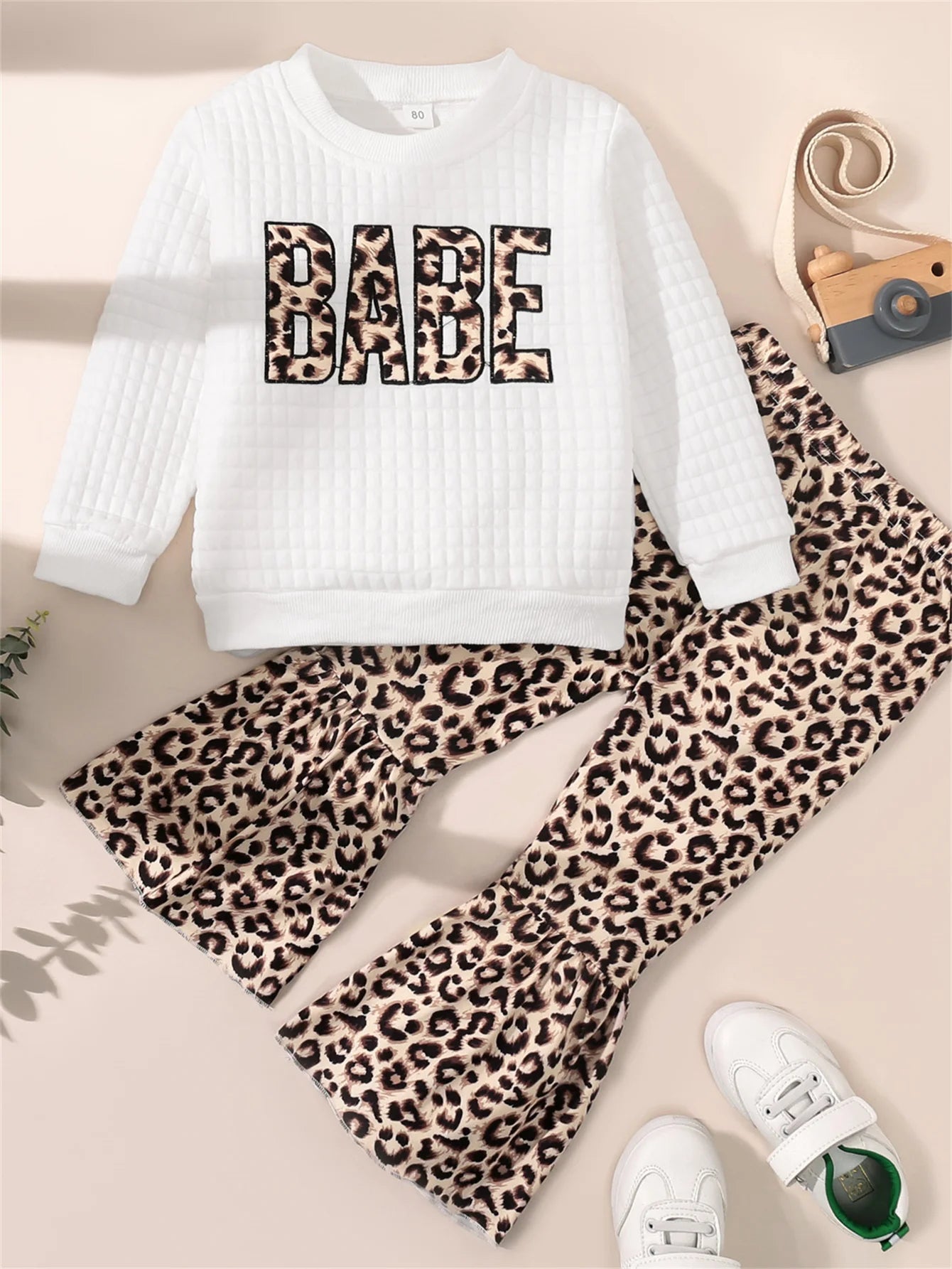 Leopard Print Crew Neck Cotton Long Sleeve Plaid White T-shirt And Flare Pants Set