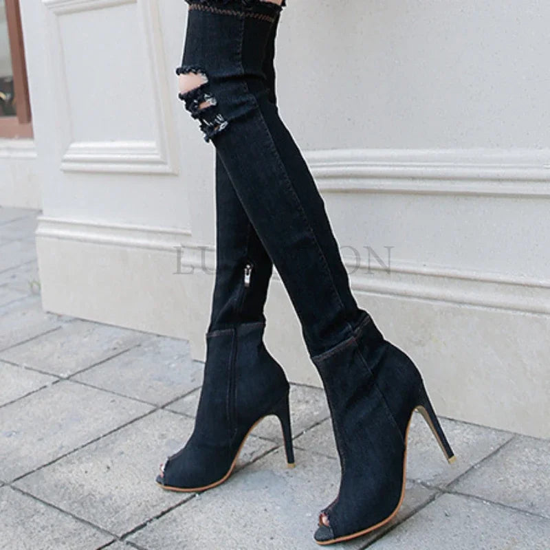 Peep Toe Over The Knee Boots Tight High Stiletto Jeans Boots