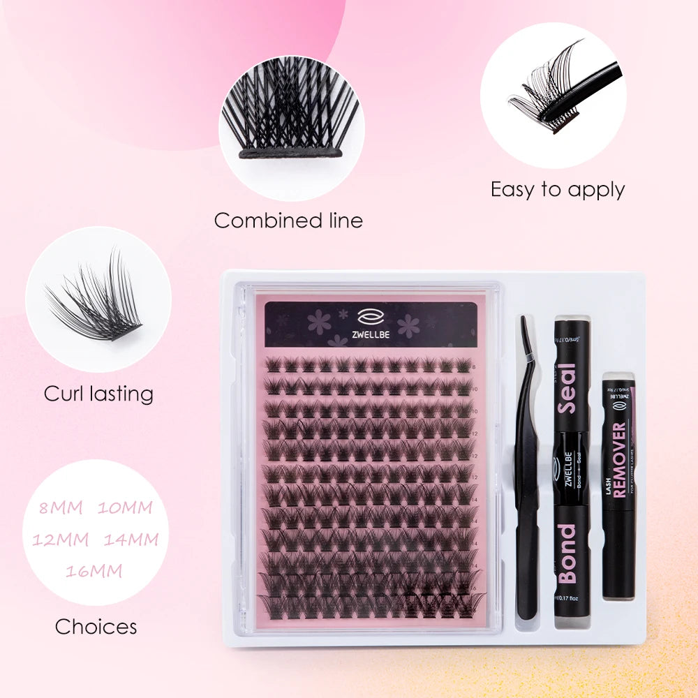 DIY Eyelash Extension Kit at Home, 144pc Individual Lashes Kit Natural Lash Clusters D Curl Wispy Lash Kit with Lash Glue Makeup