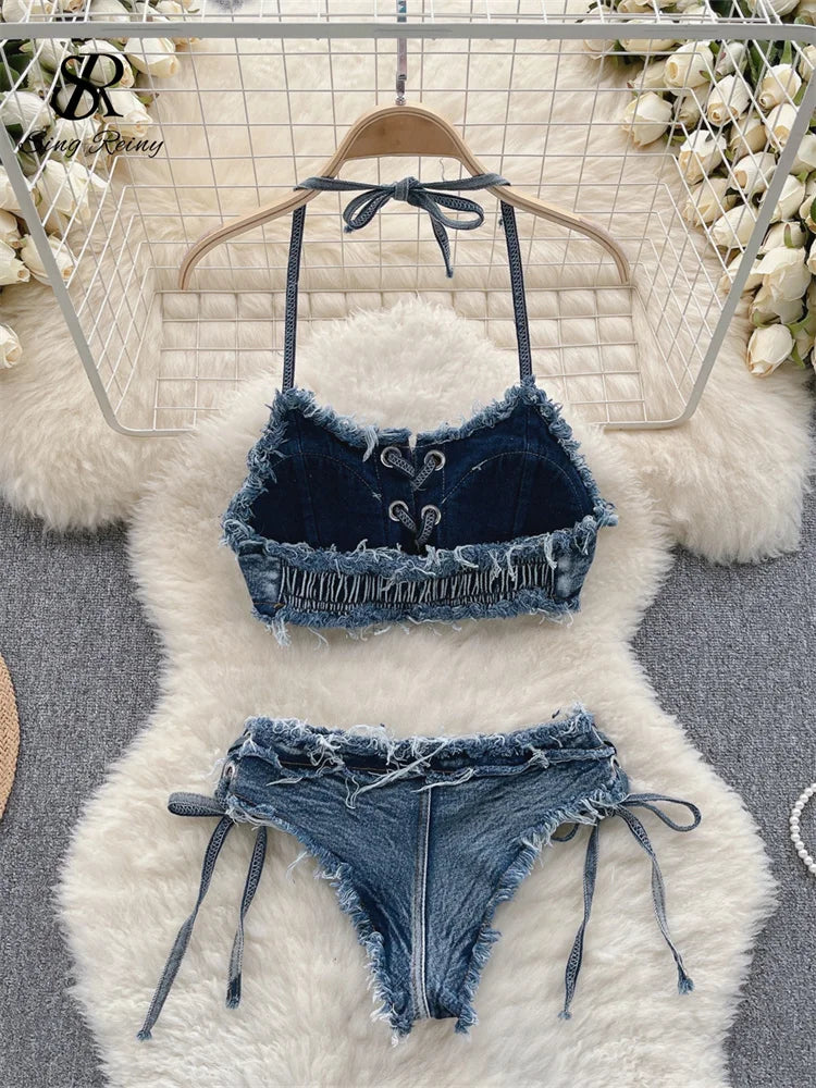 Retro Women Bikini Denim Suits Summer Halter Camis+ Mini Pant Lingerie Sexy Bra&Briefs Sets