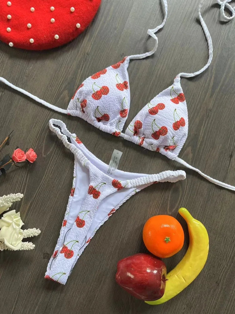 Cherry Print Brazilian Thong Bikini