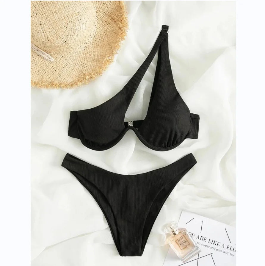 Two Pieces Solid Patchwork Underwire Push Up One Shoulder Cut Out thong bikini set