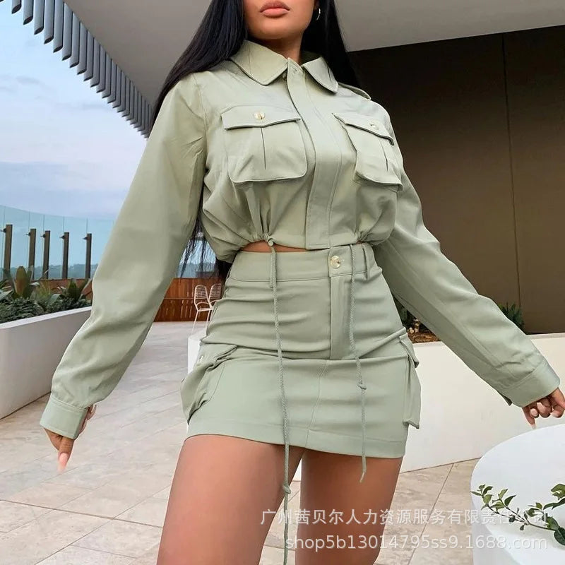 Workwear Pocket Jackets Skirt Suit Two Piece Set