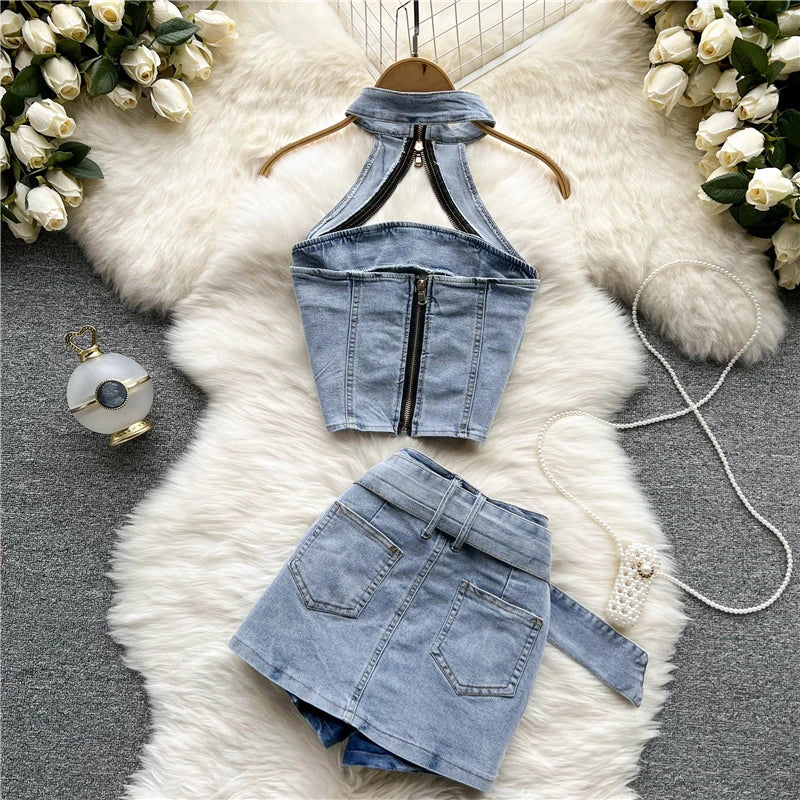 Denim Jeans Halter Tops Mini Skirt