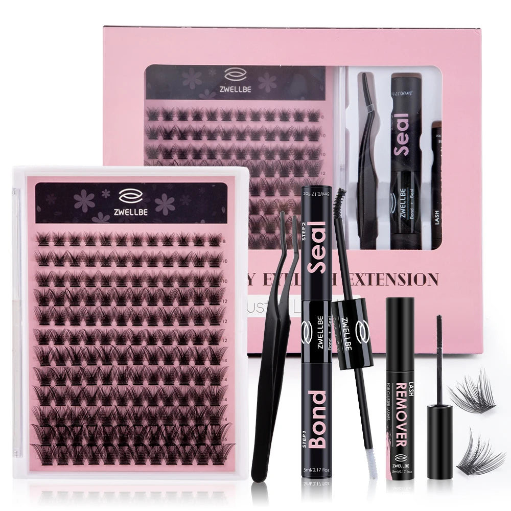 DIY Eyelash Extension Kit at Home, 144pc Individual Lashes Kit Natural Lash Clusters D Curl Wispy Lash Kit with Lash Glue Makeup