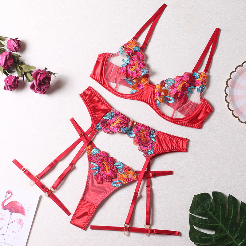 Floral Patchwork Embroidery Bra Panties Garter Set