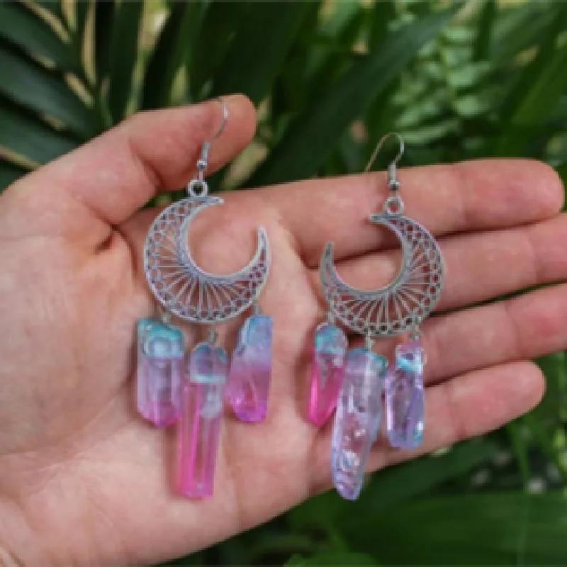 Rainbow Quartz Stone Crescent Moon Earring Wicca Healing Crystal