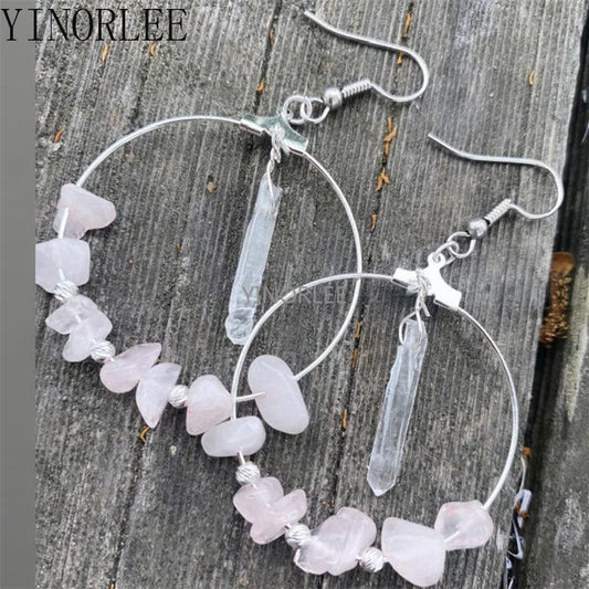 Rose Quartz and Clear Crystal Hoop Bohemia Earrings