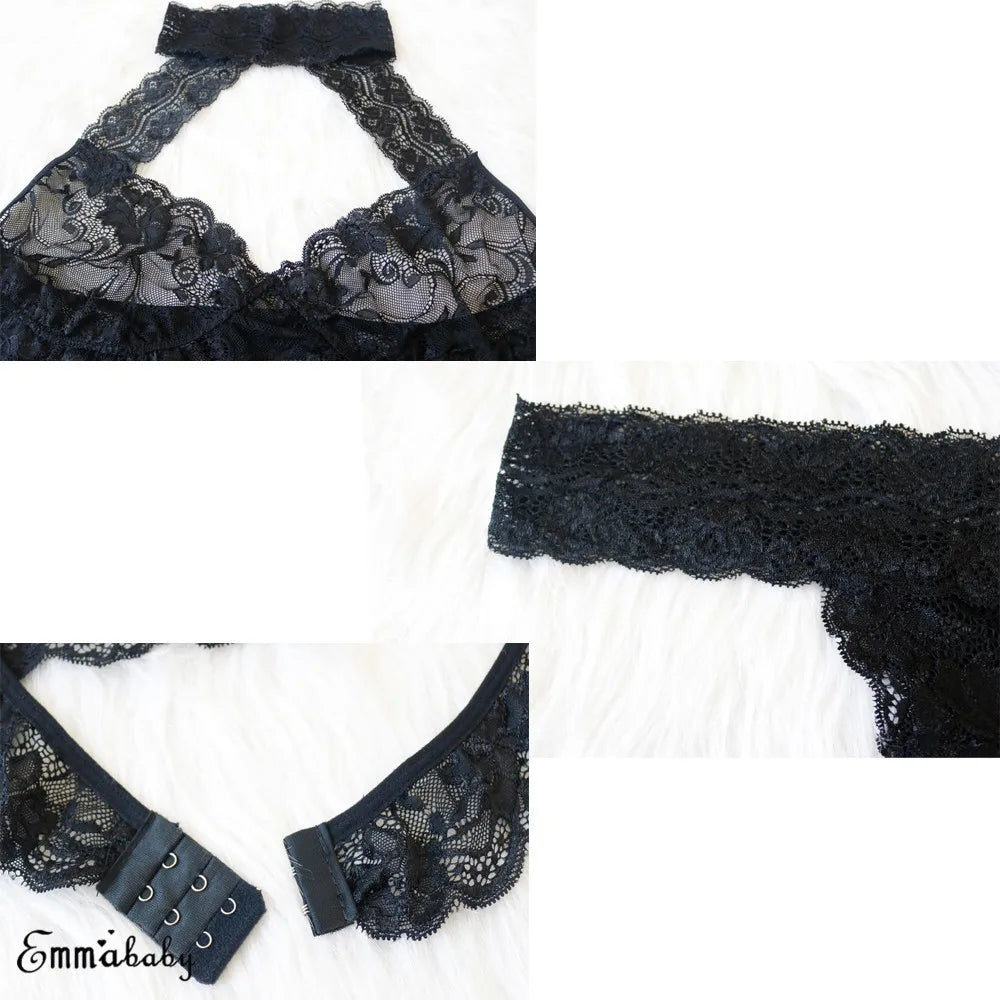 Plus Size Women Sissy Black Lingerie lace Bra Set Bralette Lace Halter Hollow Bra top & thong