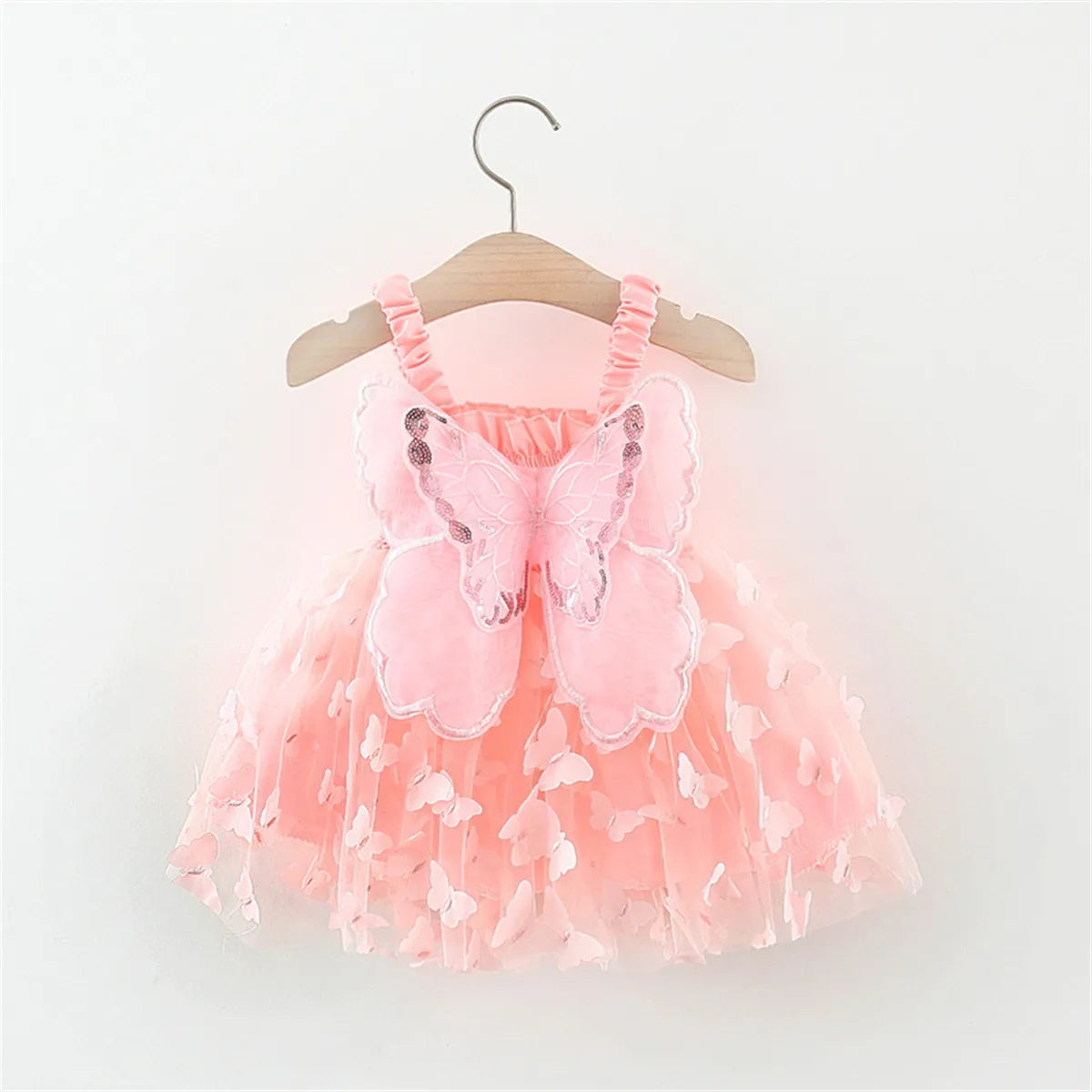 Baby Girl Party Dress Princess Birthday Dress Back Bow Wing Embroidery Mesh Solid Color Strap Mesh Dress 0-3 Years Old