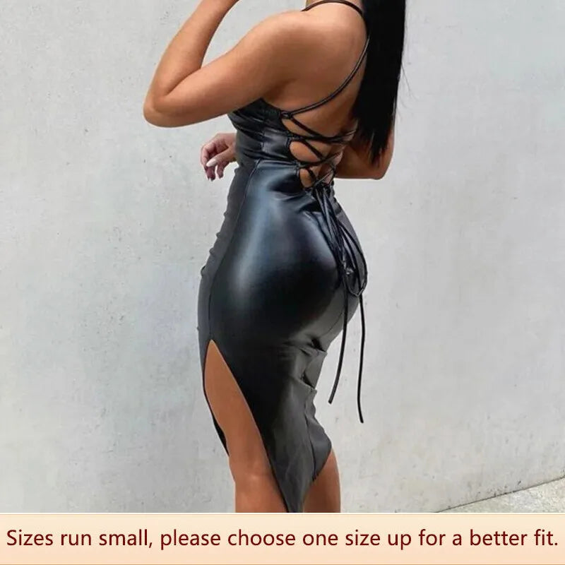 Leather Nightclub Style Backless Strapless Bralette split Strap Dress