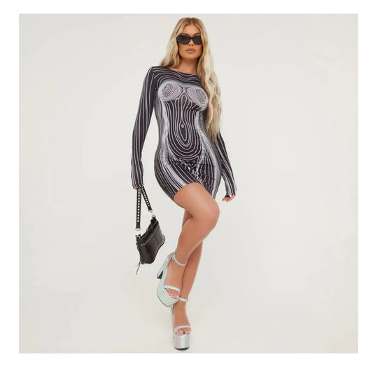 2023 European and American Women's Spring and Summer New Street Fashion Printed Long-sleeved Dress Female Wholesale