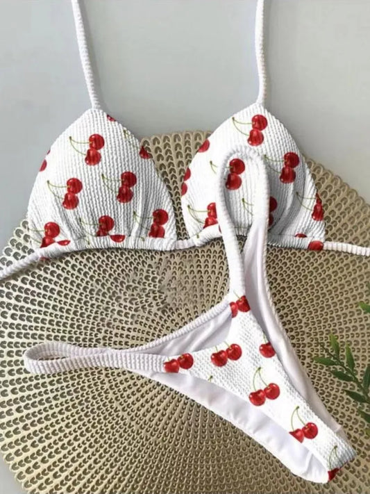 Cherry Print Brazilian Thong Bikini