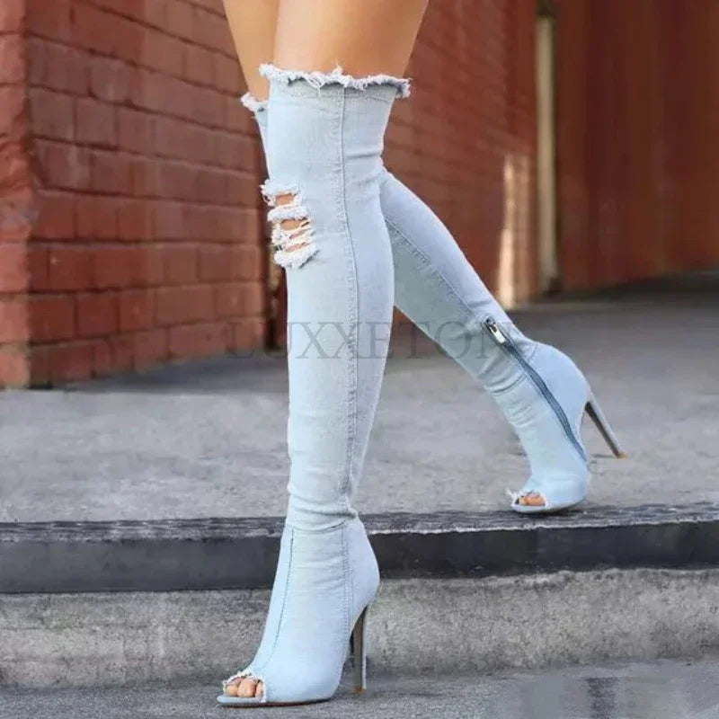 Peep Toe Over The Knee Boots Tight High Stiletto Jeans Boots