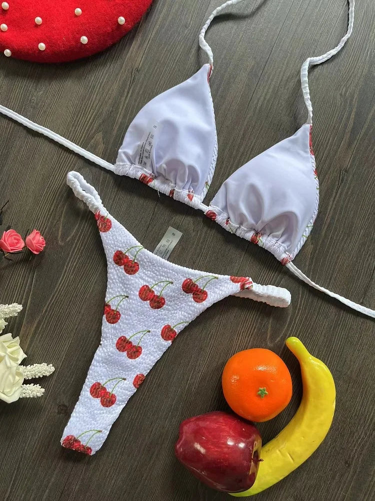 Cherry Print Brazilian Thong Bikini