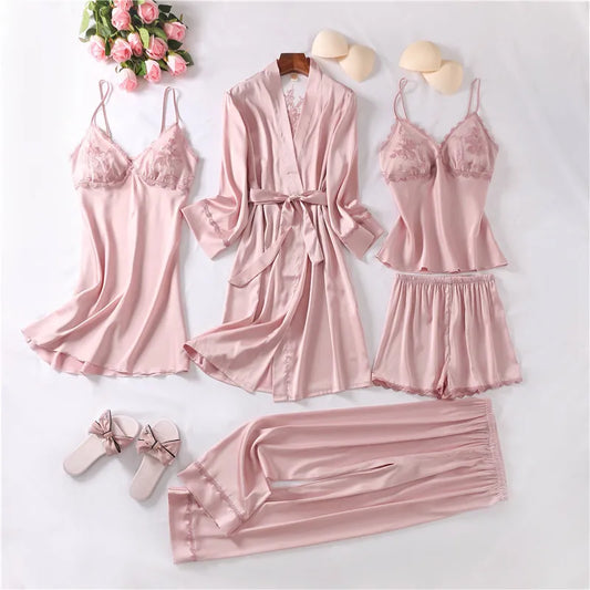 Silk and Lace Pajamas Set 5 Pieces Robe Suit