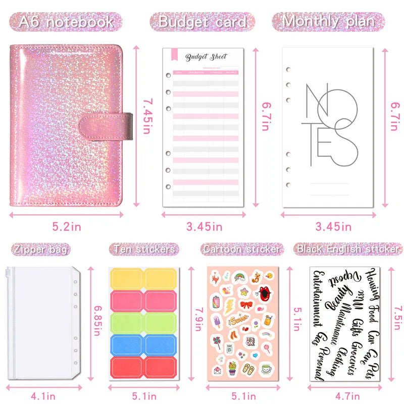 Cash Book Binder Budget Planner Notebook Cover Folder A6 Size 6 Hole Binder Pocket Plastic Binder Zipper Money Saving Envelope