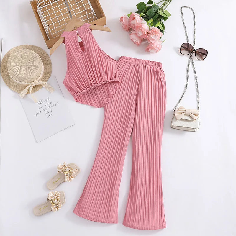 New Pink Sleeveless Top + Pink Pants Two Piece Set