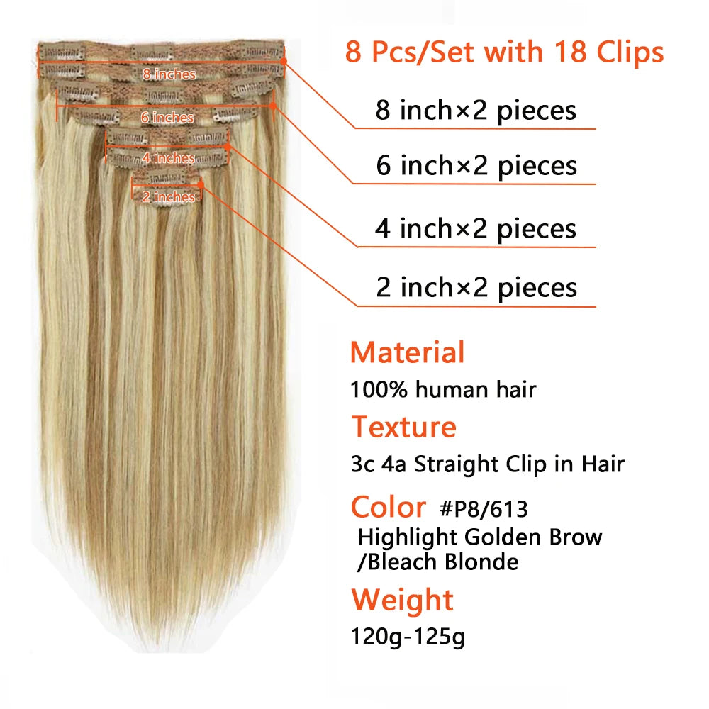 Clip In Human Hair Extensions #P8/613 Brazilian Remy Straight Set 8Pcs Clip In 120G