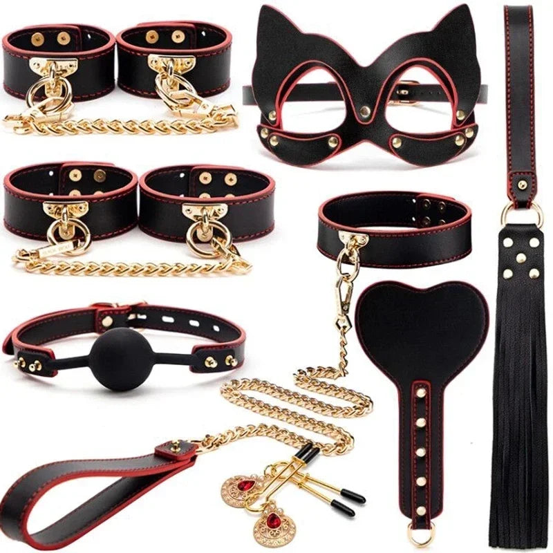 High quality BDSM  Genuine Leather Bondage Set Fetish Handcuffs Collar Gag Whip Erotic Sex Toys For Women Couples Adult Games