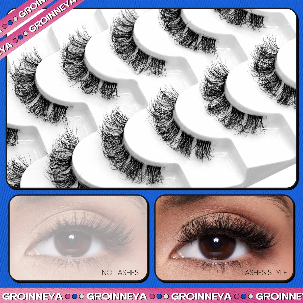 GROINNEYA False Eyelashes 8D Fluffy Faux Mink Lashes 5/7 Pairs Wispy Lashes Pack Dramatic Natural Volume Eyelashes Extension