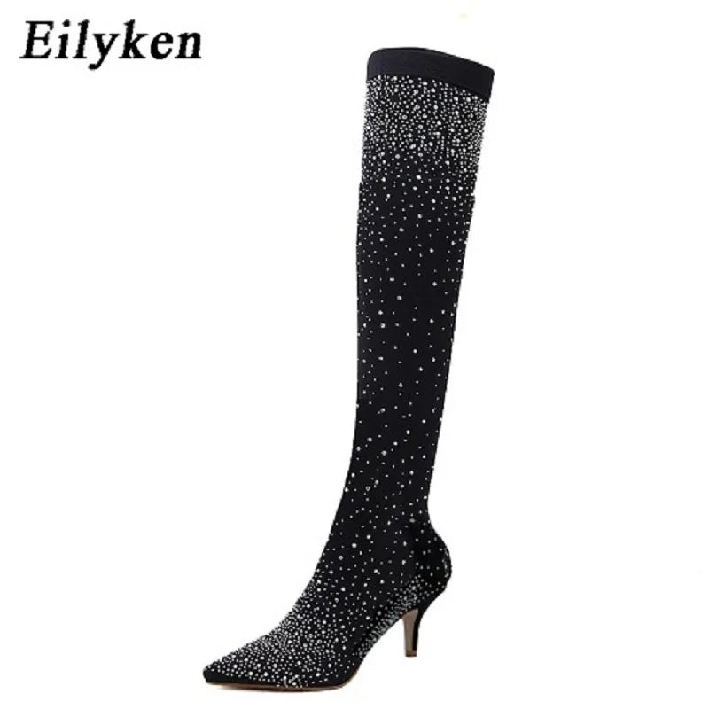 Rhinestone Stretch High Heels Sock Over-the-Knee