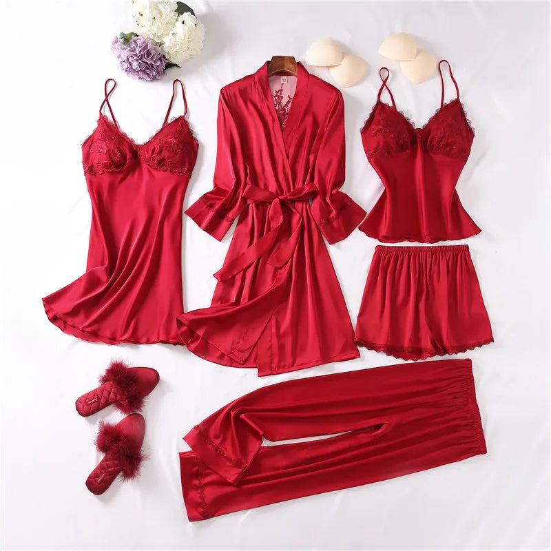 Silk and Lace Pajamas Set 5 Pieces Robe Suit