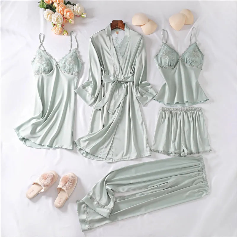 Silk and Lace Pajamas Set 5 Pieces Robe Suit