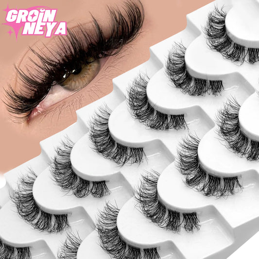 GROINNEYA False Eyelashes 8D Fluffy Faux Mink Lashes 5/7 Pairs Wispy Lashes Pack Dramatic Natural Volume Eyelashes Extension