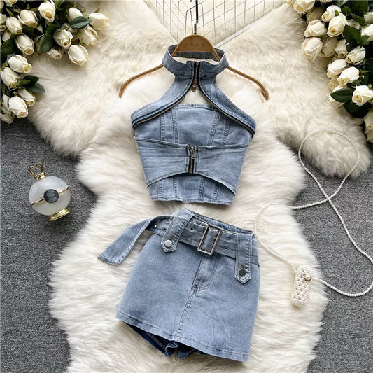 Denim Jeans Halter Tops Mini Skirt