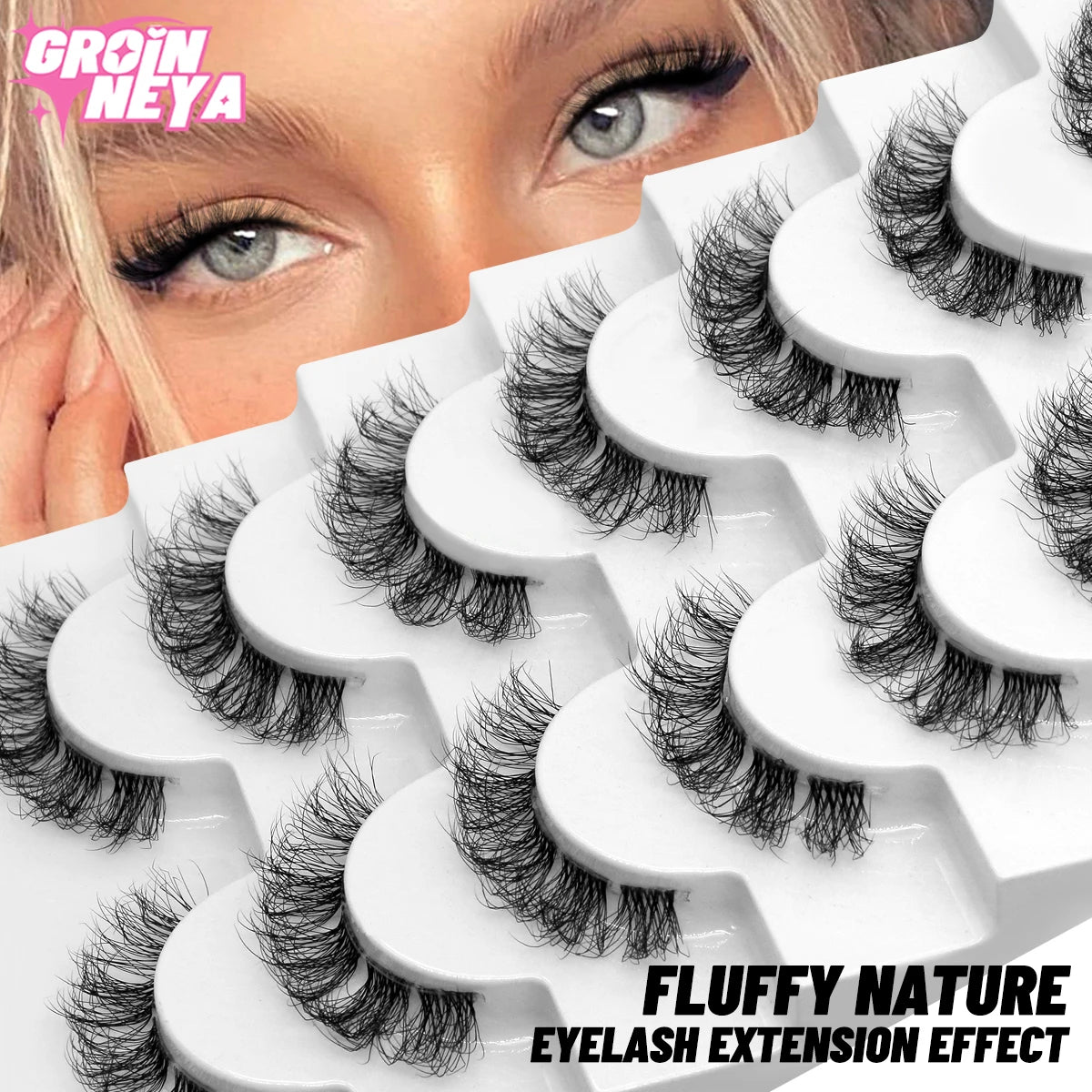 GROINNEYA False Eyelashes 8D Fluffy Faux Mink Lashes 5/7 Pairs Wispy Lashes Pack Dramatic Natural Volume Eyelashes Extension