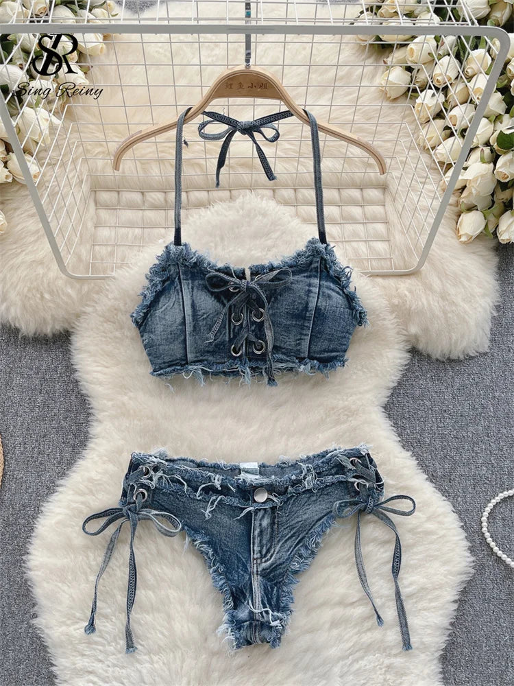 Retro Women Bikini Denim Suits Summer Halter Camis+ Mini Pant Lingerie Sexy Bra&Briefs Sets