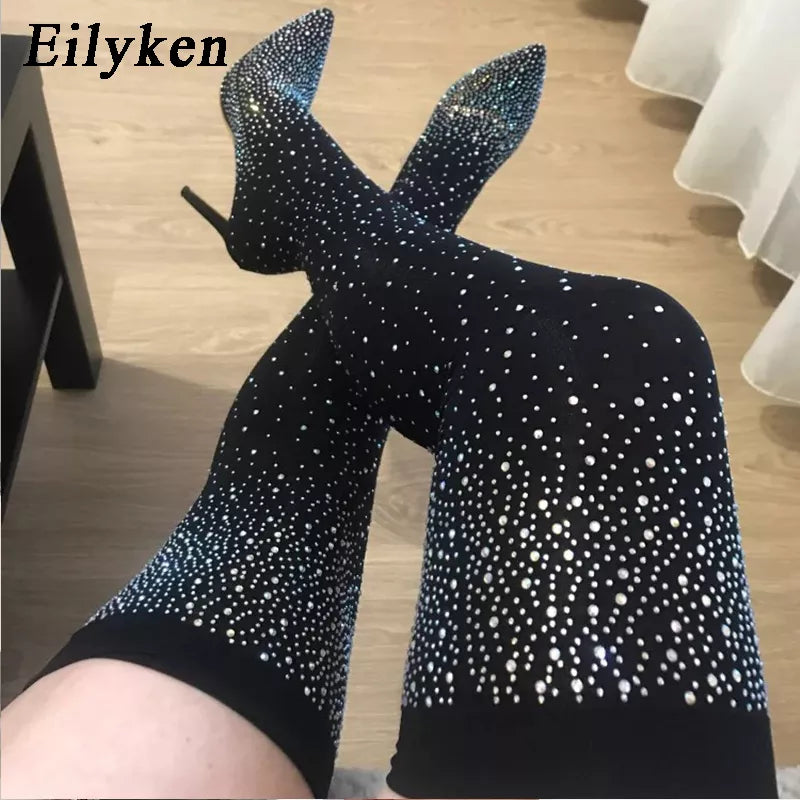 Rhinestone Stretch High Heels Sock Over-the-Knee