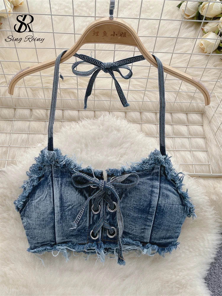 Retro Women Bikini Denim Suits Summer Halter Camis+ Mini Pant Lingerie Sexy Bra&Briefs Sets