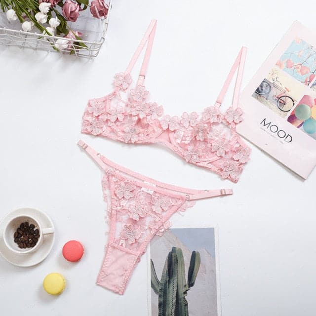 Floral Lace Mesh Bra Panty Lingerie Set