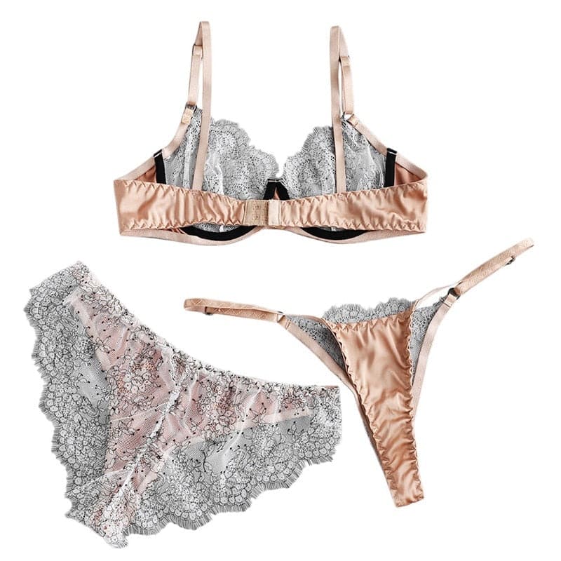 Brown Mesh Underwire Bra Three-Piece Panties Lingerie Set