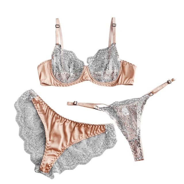 Brown Mesh Underwire Bra Three-Piece Panties Lingerie Set